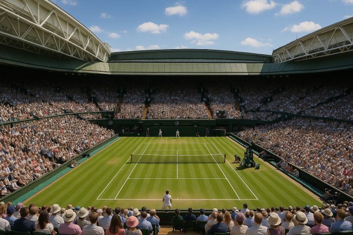 Fullsatt centercourt i Wimbledon under herrmatch med Djokovic i spel