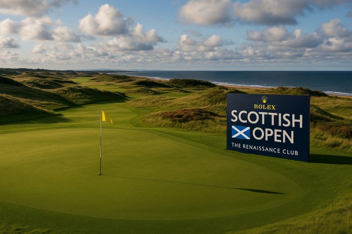 Vy över green och flagga på The Renaissance Club inför Scottish Open 2025.