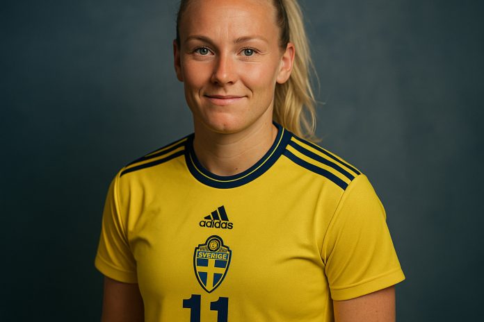Spelare i svenska damlandslaget i gul landslagströja framför neutral bakgrund