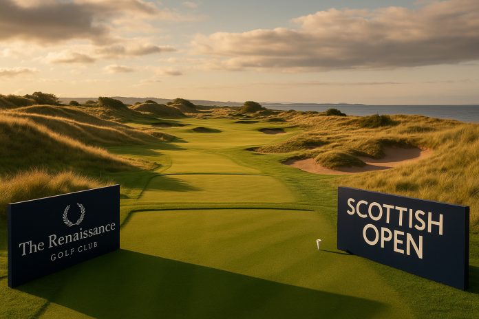 Vy över The Renaissance Club vid Scottish Open 2025, med fairway, sanddyner och officiella skyltar i förgrunden.
