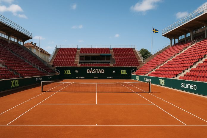 Centercourten i Båstad inför Nordea Open 2025 – röd grusbana och tomma läktare under blå himmel
