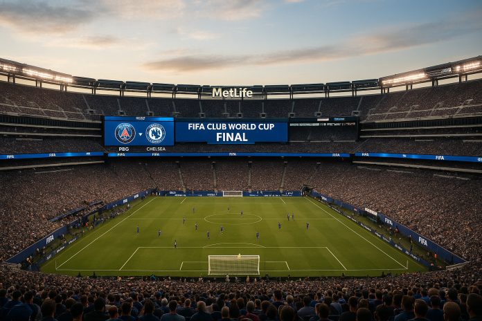 Fullsatt MetLife Stadium inför finalen i klubblags-VM mellan PSG och Chelsea.