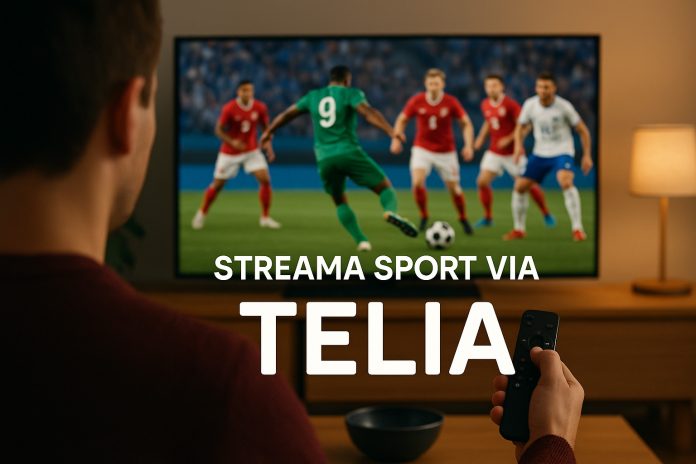 Man tittar på fotboll i TV-soffan – sportstreaming via Telia