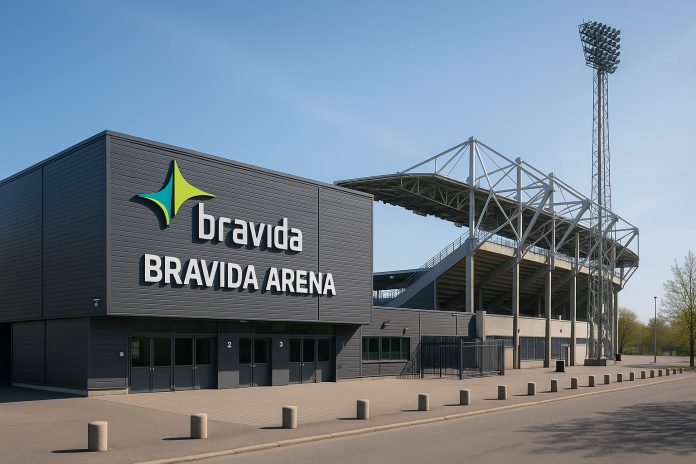 Bravida Arena i Göteborg med läktare och entré i dagsljus