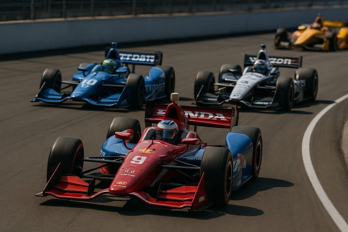 Fyra IndyCar-bilar i tävling på ovalbana, med bil nummer 9 i förgrunden.