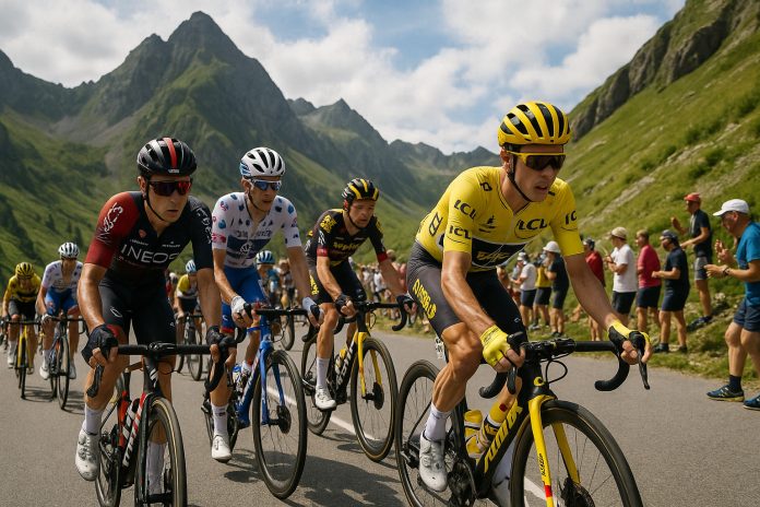 Cyklist i gul ledartröja klättrar i bergen under Tour de France 2025