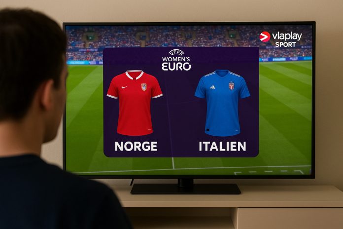 Television blickar mot grafik som visar tröjbyten: Norges damlandslag i rött till vänster och Italiens i blått med rubrikerna 