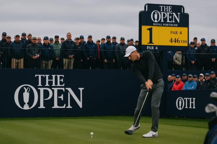 Golfspelare slår ut på första tee under The Open 2025 på Royal Portrush
