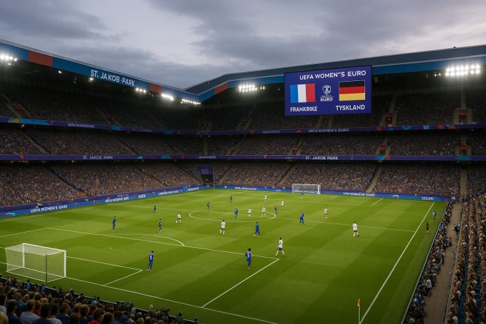 Inramning av en damlandskamp i fotboll mellan Frankrike och Tyskland på en fullsatt arena, vy över spelplanen och en digital resultattavla som visar 'UEFA Women’s Euro – Frankrike vs Tyskland'.