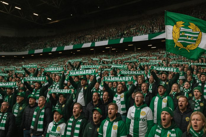 Hammarby-fans på 3 Arena inför Conference League-kval mot Charleroi