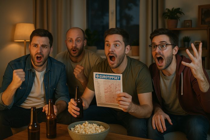 Fyra män reagerar på europatipset 27 juli framför tv:n