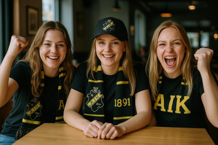 Tre AIK-supportrar jublar inför matchen – Speltips AIK Öster