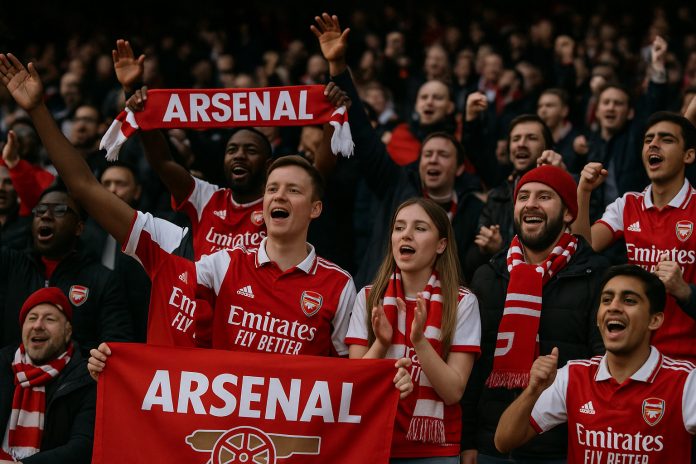 Fans till Arsenal som hejar inför Arsenal Milan tv