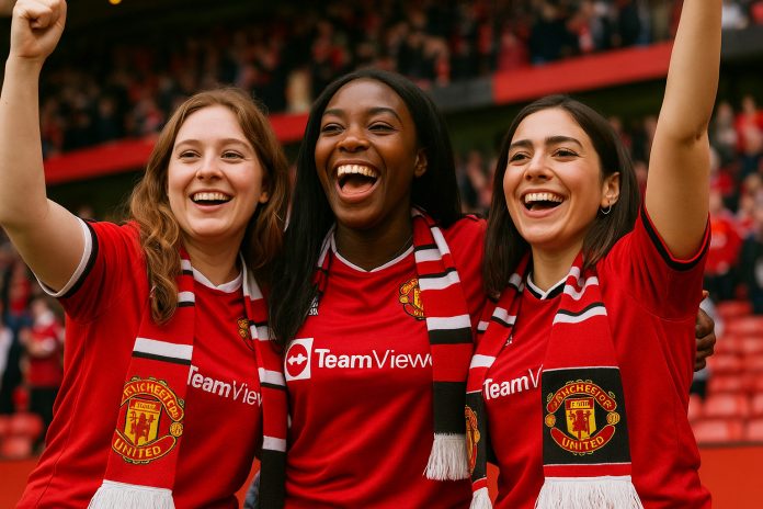 Tre kvinnor är glada när det hejar på sitt manchester united