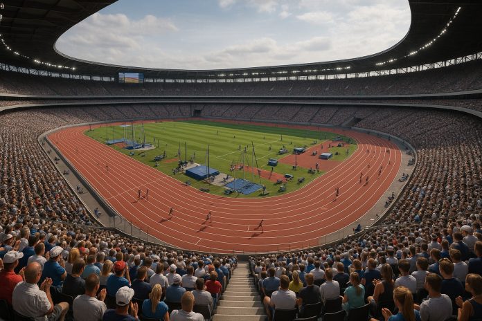 Friidrottsarena som är helt redo för dagens tävlingar. sport på tv fredag 11 juli