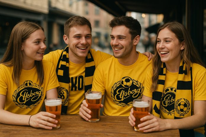 Elfsborgsupportrar inför Elfsborg Göteborg tv – laddar upp med öl