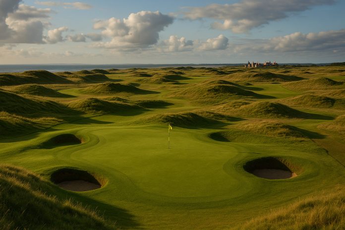 Greenområde med bunkrar på Royal Porthcawl inför damernas British Open 2025