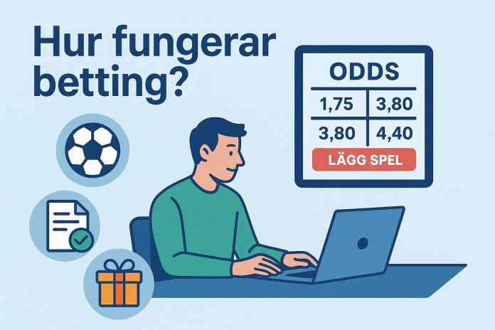 Man spelar på betting online vid laptop med odds, symboler för sport och bonus