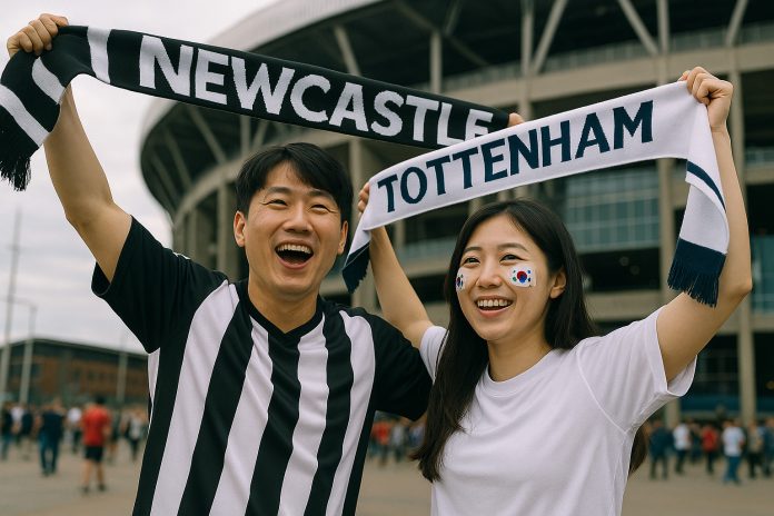 Fans med halsdukar inför Newcastle Tottenham tv-matchen i Seoul