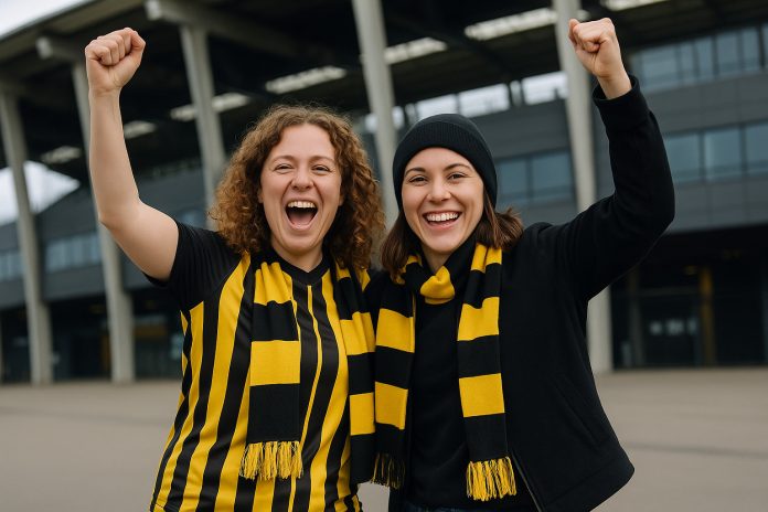 Supporters i gulsvart firar inför Häcken Elfsborg tv