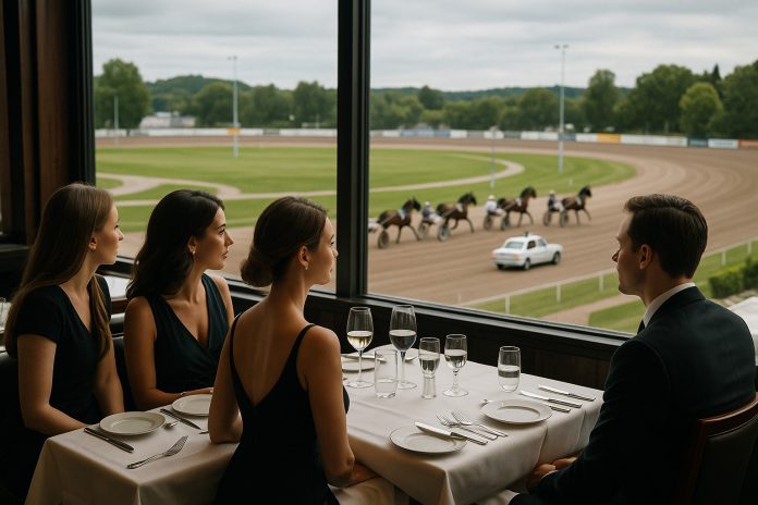 Publik i restaurangmiljö följer Hambletonian 2025 från fönsterplats med utsikt över travbanan