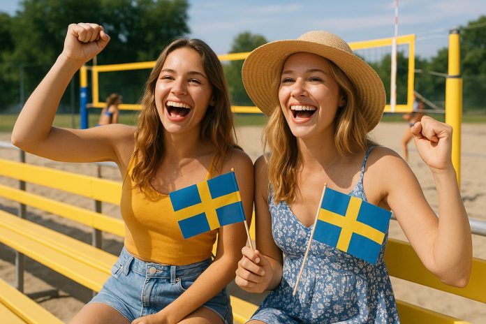 Två kvinnor hejar på Sverige i beachvolley – sport på tv idag söndag 3 augusti