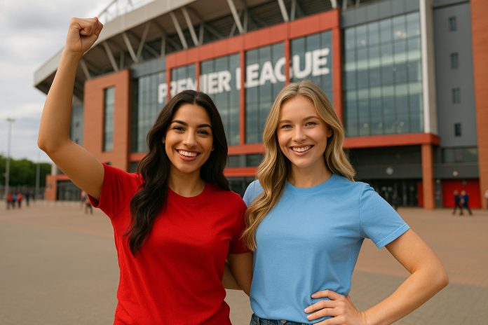 Två glada supportrar utanför arena inför Premier League 2025/2026