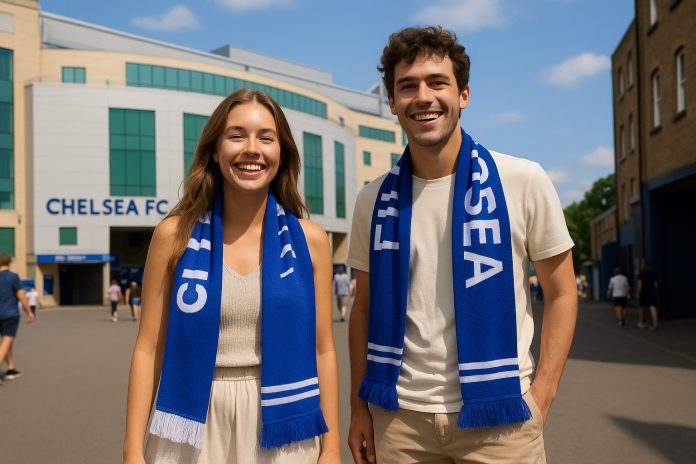 Chelsea Bayer Leverkusen tv – fans utanför Stamford Bridge