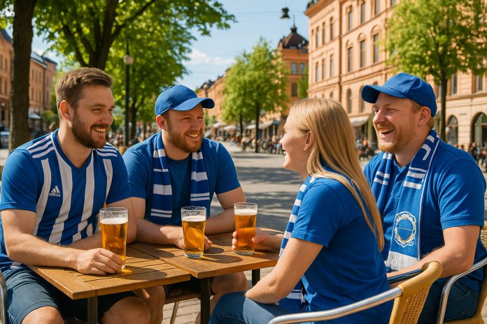 Sundsvall Sandviken tv – supportrar i blått på uteservering inför matchen