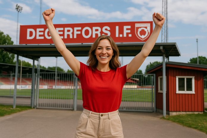 Degerfors Häcken tv kvinna utanför arenan.