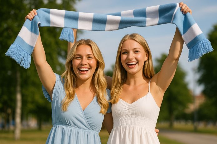 vå glada fotbollsfans i sommarkläder håller upp halsduk – Sport på tv 12 augusti