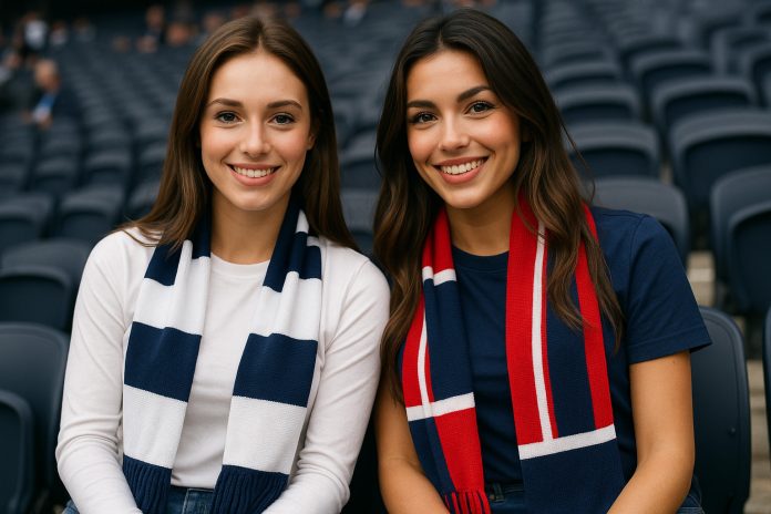 PSG Tottenham tv – två fotbollsfans på läktaren inför matchen