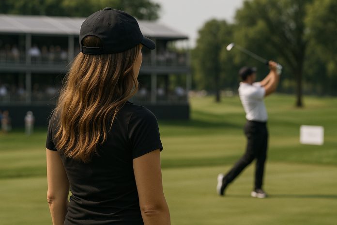 Kvinna vid green under LIV Golf Indianapolis 2025 när spelare puttar