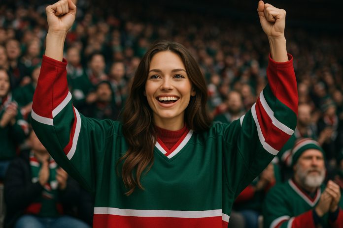 Frölunda Växjö tv – glad supporter i grön röd matchtröja på läktaren