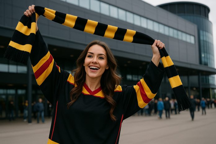 Brynäs Timrå tv – glad supporter utanför arenan inför matchen