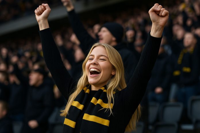 AIK-supporter jublar på läktaren under Györi AIK tv-matchen