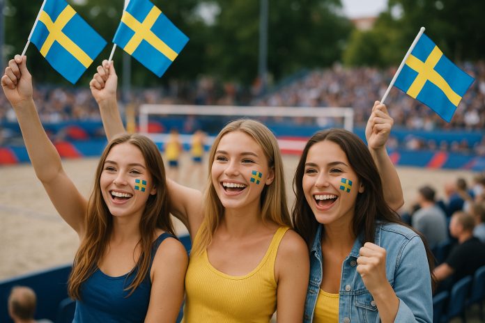 Svenska fans på läktaren inför Åhman Hellvig semifinal i Montreal