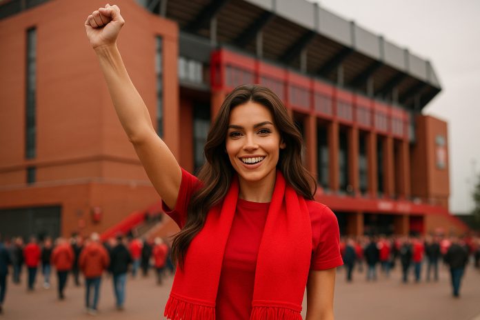 Liverpool Bournemouth tv – glad supporter utanför Anfield inför Premier League-premiären