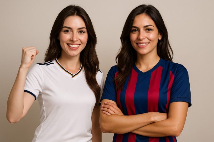 Två fotbollsfans – en i vit tröja och en i blå-röd randig tröja – inför Vem vinner La Liga 2025 2026