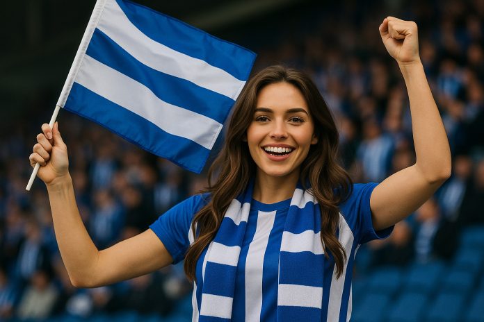 Brighton Fulham tv – glad supporter med blåvit flagga på läktaren