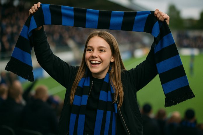 Supporter jublar med halsduk på läktaren under Brommapojkarna Sirius tv i Allsvenskan
