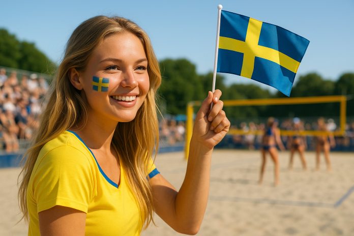 Svensk supporter med flagga på läktaren inför Norge Sverige beachvolleyfinal