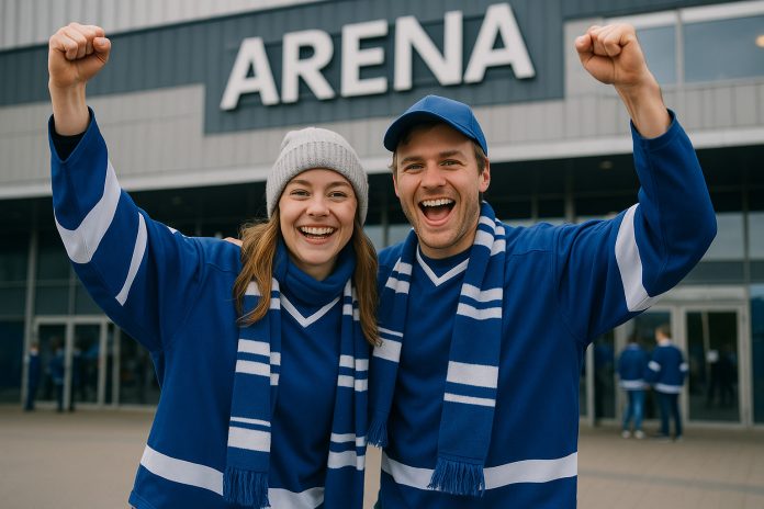 Glada supportrar i blått utanför arenan inför Örebro Leksand tv